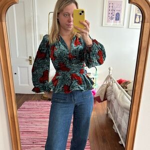 NWT RHODE Aileen Velvet Puff Sleeve Ruched Waist Top Blouse